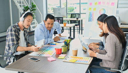Group of asian creative design meeting brainstorm ideas to plan and develop project at office, Asia...