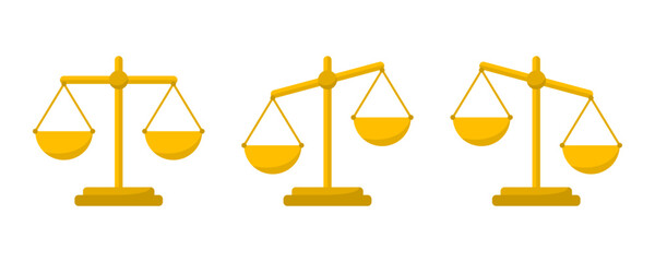 Yellow golden weight judicial scale law and unfair judgment icon flat vector design - obrazy, fototapety, plakaty