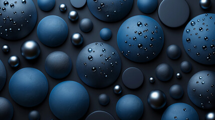 Abstract composition of matte black spheres and reflective golden orbs arranged on dark curved layers with a gradient light.