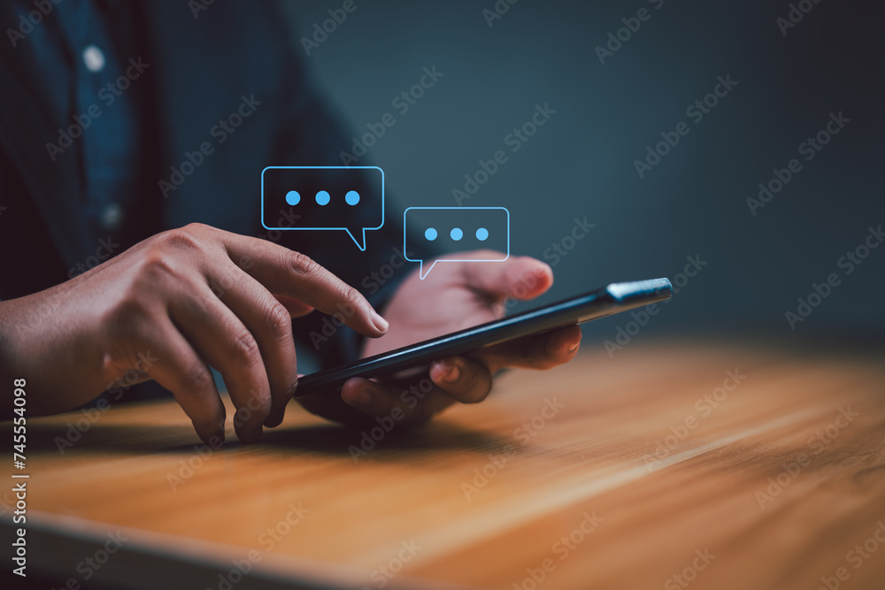 Poster businessman using smartphone typing live chat chatting and social network concepts, chatting convers