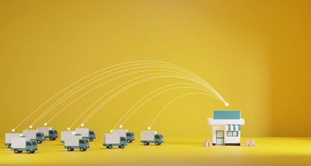 Concept of logistics, delivery or global cargo. truck and store linked with each other with lines as distribution channels.