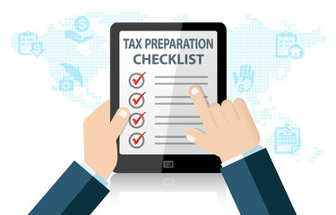 Tax Preparation Checklist on Tablet Infographic. Tax Return Deduction Concept