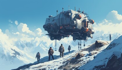 people walking up the mountain with flying checkpoint machine - obrazy, fototapety, plakaty