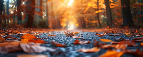 Foto op Plexiglas Autumn Leaves on Forest Road. Close-up of fallen leaves on a forest road with the sun peering through autumn trees. © AI Visual Vault