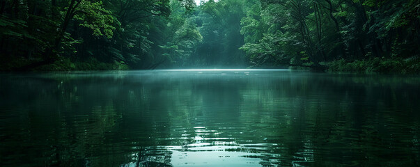 Serene Misty River Through Lush Forest.
A tranquil misty river flowing gently through a dense green forest.