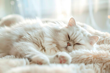 persian cat rests on a soft bed