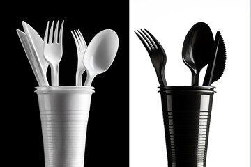 Disposable white and black plastic cups, cutlery on a black and white background. Ecology and...