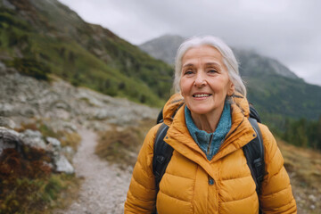smiling senior woman with backpack hiking in the mountains