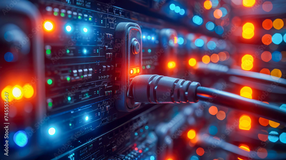 Poster network switch and ethernet cables in data center. internet and technology concept