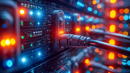 Obraz premium Network switch and ethernet cables in data center. Internet and technology concept