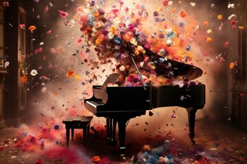 Melodious Flowers on piano. Floral celebration decoration. Generate Ai