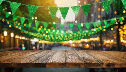 Wooden empty tabletop on blurred city street background with green holiday garlands and St. Patrick's Day flags, Ai Generate 