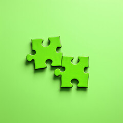 Top view of two jigsaw puzzle pieces with green colour. Concept of  business, solution, teamwork, concept, connection, success, team, game