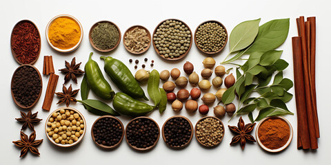 Assorted aromatic spices, herbs and seeds top view - Powered by Adobe