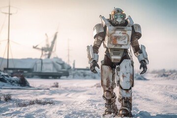 Weathered robot with glowing eyes treks through a snow-laden wasteland, with industrial ruins in the background