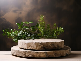 Podium, platform made of stone, rock for product display, presentation. Copy space for text, advertising, message, logo