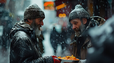 Homeless people receive free charity food on the city street. Christmas Eve for the poor and homeless