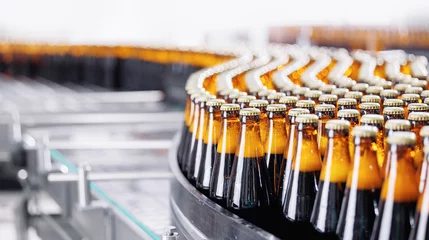 Zelfklevend Fotobehang Banner Beer brewery conveyor. Brown glass alcohol bottles move on production line, modern equipment industrial drink with copy space © Parilov
