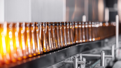 Process pasteurization of bottles on conveyor machinery of brewery. Germ removal and glass cleaning...