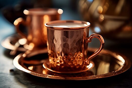 Close-up of steaming coffee in an ornate copper cup and saucer, with a hint of bokeh