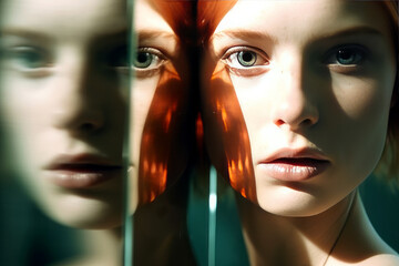 Artistic portrayal of a woman's face with auburn hair reflected in mirror - obrazy, fototapety, plakaty