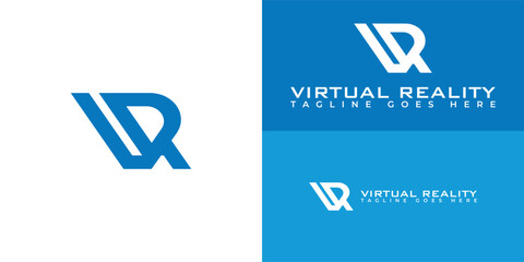 Abstract initial letter VR or RV logo in blue color presented with multiple background colors. The logo is suitable for virtual reality business logo design inspiration templates.