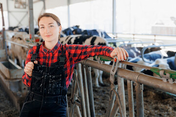 Farming livestock cattle industry. Happy woman farmer plaid shirt and uniform on background cows dairy farm