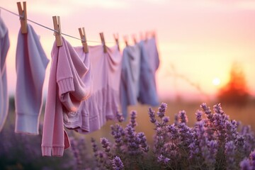Soft pastel laundry hangs on a line above lavender flowers during a tranquil sunset