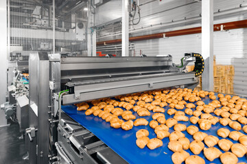 Process Production of French croissants moved along line conveyor after oven. Concept smart modern technology in food industry