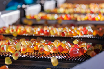 Closeup color jelly fruit on conveyor line of plant. Concept production manufacture food marmalade