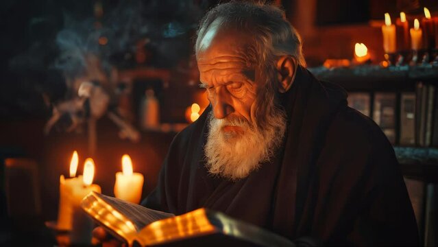 An aged bearded orthodox christian monk reading bible