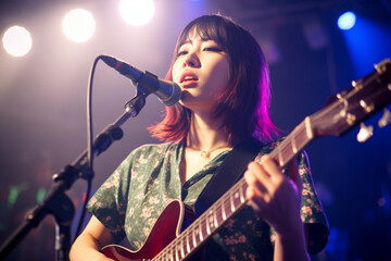 Fototapeta na wymiar A young Japanese woman is playing the guitar during a live band event