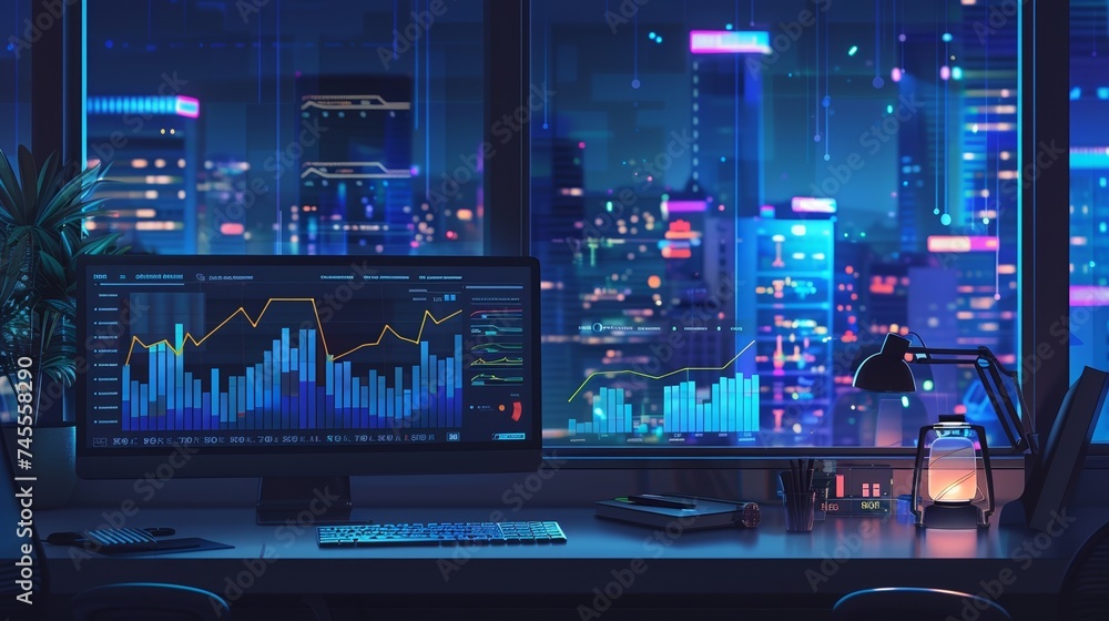 Poster a desktop scene with big data graphs on e-commerce, in a manager's office overlooking the stock exch