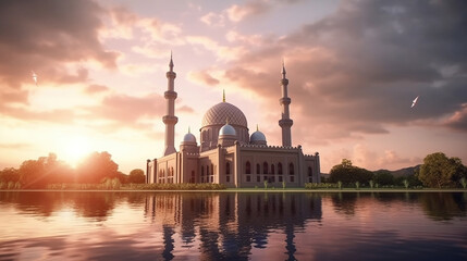 photo ramadan kareem eid mubarak mosque in evening - Powered by Adobe