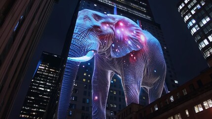 A holographic animation of an elephant, showcasing its genetic journey, plays on the side of a skyscraper, mesmerizing city dwellers - obrazy, fototapety, plakaty