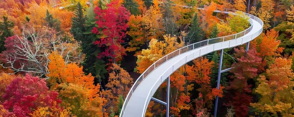 Fotobehang Canopy walks among fall colors elevated paths through forests ablaze with autumn immersive beauty © Jiraphiphat