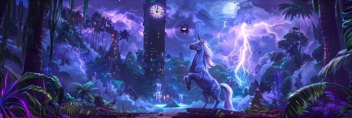 A unicorn solving a puzzle under a clock tower in a rainforest, as a thunderstorm rumbles, adding urgency to the mystical challenge - obrazy, fototapety, plakaty