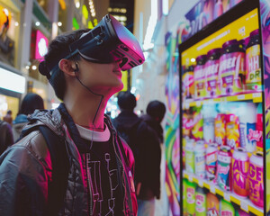 A virtual reality demonstration in a plaza, showcasing innovative advertising techniques for energy drinks