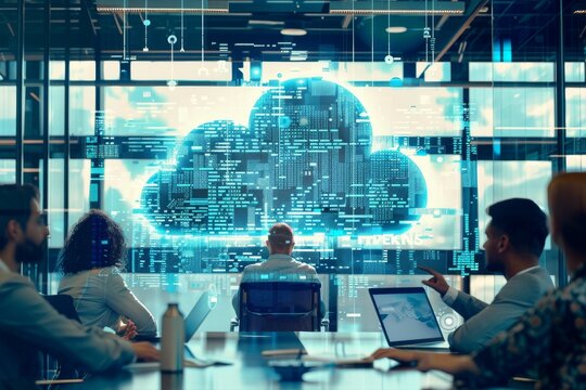 A strategy meeting in a coworking space, focused on cloud computing innovations in finance and forex