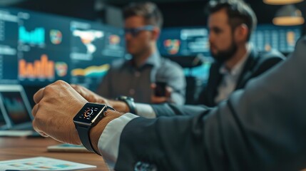 An executive suite meeting about forming alliances, using machine learning data displayed on smartwatches