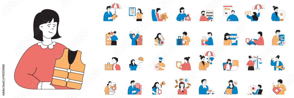 Poster insurance concept with character situations mega set in flat web design. bundle of scenes people pro