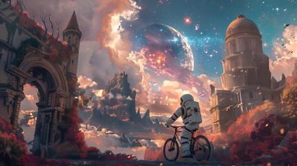 In a castle courtyard, a robot and astronaut collaborate to build a galaxy-inspired bicycle, under a sky full of stars