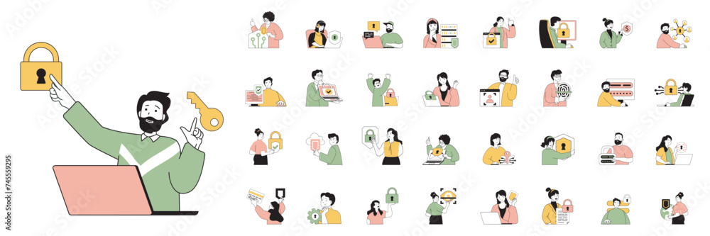 Poster Cyber security concept with character situations mega set in flat web design. Bundle of scenes people saving internet privacy, using password access and fingerprint identity. Vector illustrations.