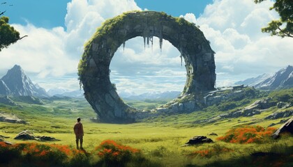 imagination of Man standing and looking at a giant overgrown ring in a lush field - obrazy, fototapety, plakaty