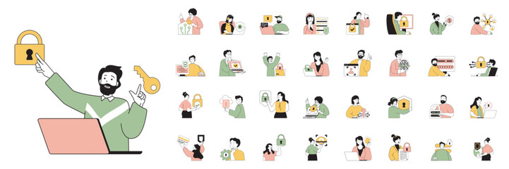 Cyber security concept with character situations mega set in flat web design. Bundle of scenes people saving internet privacy, using password access and fingerprint identity. Vector illustrations.