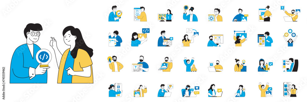 Aufkleber Design development concept with character situations mega set in flat web design. Bundle of scenes people programming software and creating layouts, making digital content. Vector illustrations.
