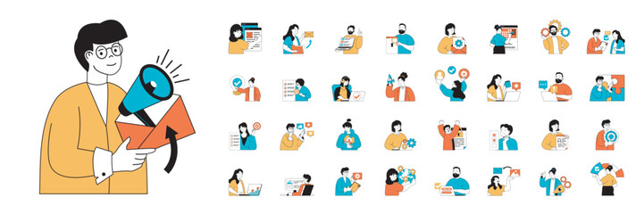 Marketing and development concept with character situations mega set in flat web design. Bundle of scenes people programming and releasing products, making online promotion. Vector illustrations.
