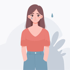 Flat cartoon illustration depicting a sad girl standing and shedding tears, symbolizing emotional distress in a healthcare concept