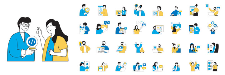 Design development concept with character situations mega set in flat web design. Bundle of scenes people programming software and creating layouts, making digital content. Vector illustrations.
