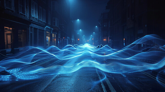 6G waves ripple through an empty street, their patterns mirroring the dark Elliott wave